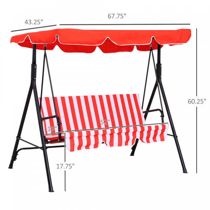 Outsunny 3-seat Patio Swing Chair, Outdoor Porch Swing Glider With Adjustable Canopy, Removable Cushion, And Weather Resistant Steel Frame, For Garden, Poolside, Red And White