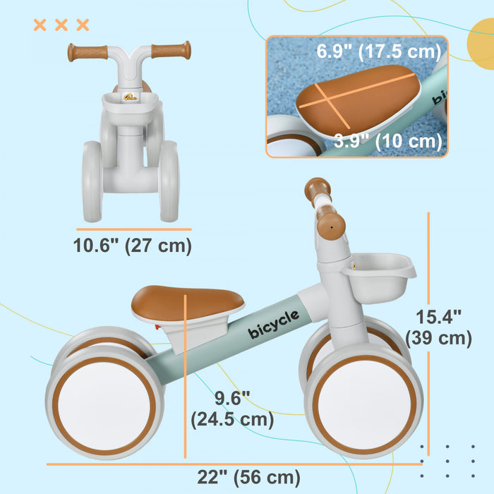Qaba Baby Balance Bike, Toddler Balance Bike For 12–36 Months With Adjustable Seat, Removable Basket, 4 Silent Wheels, No Pedal Baby Bike For Boys And Girls, Green