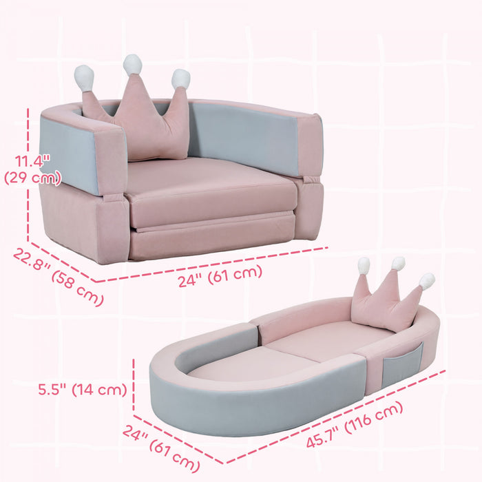 Qaba Climbing Toys for Toddlers, 3-in-1 Convertible Soft Play Set with Crown Pillow, Fold Out Kids Couch to Lounger & Play Area for Playroom, Bedroom, Ages 18-36 Months, Pink