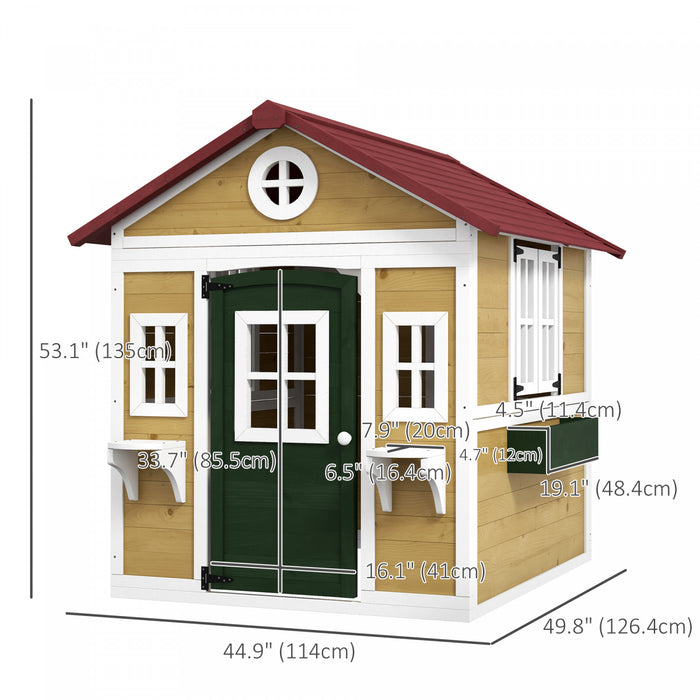Outsunny Kids Outdoor Indoor Playhouse, Wooden Toddlers Large Pretend Play Equipment or Chicken Coop with Door, Windows, Planter Pots, Gift Toys for Children 3-8 Years, Beige