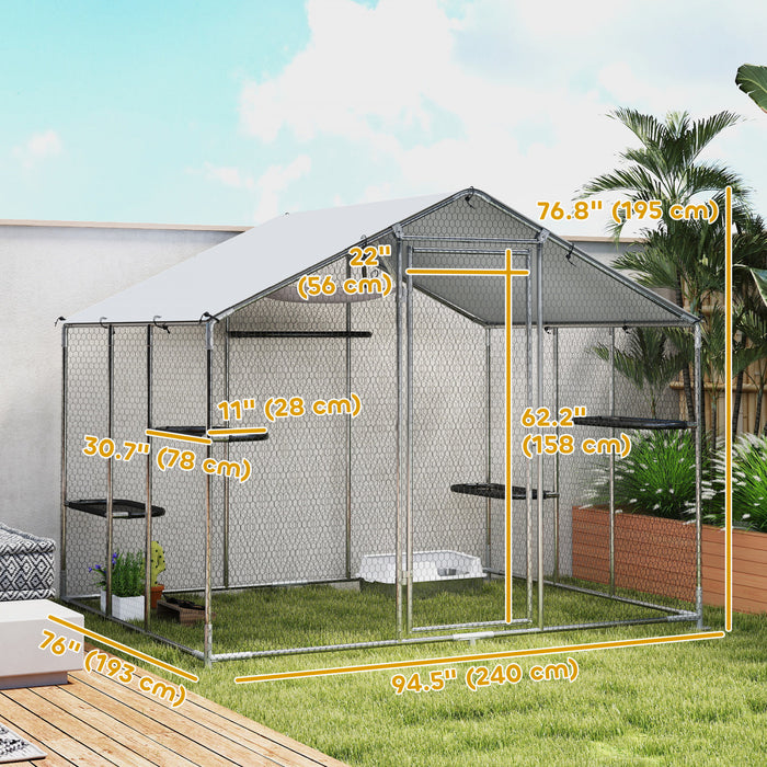 PawHut Large Catio Outdoor Cat Enclosure, Galvanized Steel Walk-in Kitty Cage for Multiple Kittens, with Waterproof Cover, 5 Adjustable Platforms, Hammock, 94.5\" W x 76\" D x 77\" H