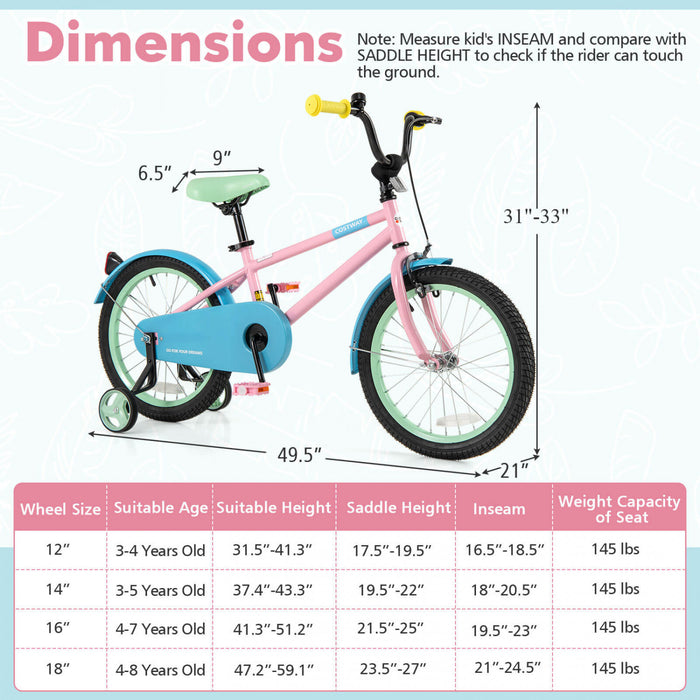 Costway 18\" Kids Bike With Adjustable Saddle Handlebar Removable Training Wheels Handbrake Pink