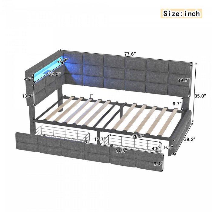 Sophia Upholstered Daybed with LED Lights and Storage Drawers,Twin Size,Grey