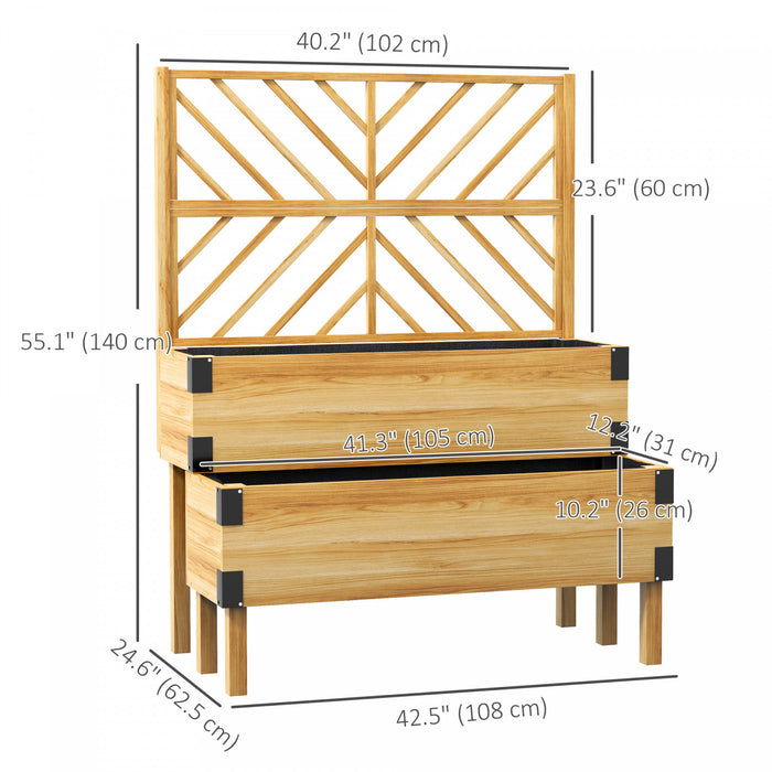 Outsunny 2 Tier Wooden Raised Bed W/ Trellis Elevated Planter Box, Natural