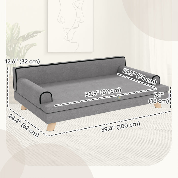 Pawhut Dog Sofa, 39\" Cat Couch With Removable Cushion, Washable Cover, Wooden Legs, Elevated Pet Cat Sofa For Medium & Large Dogs, Light Grey