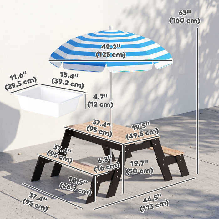 Qaba Kids Picnic Table with Umbrella, 3 in 1 Wooden Sand & Water Table with 2 Hidden Play Boxes, Kids Outdoor Activity Table and Bench Set for Backyard, Ages 3-6, Natural Wood