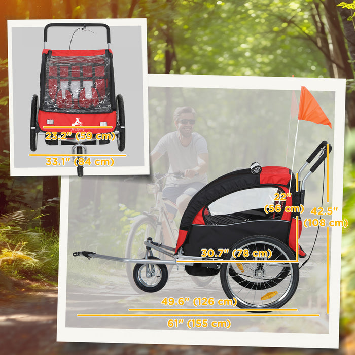 Aosom 2-Seat Bike Trailer for Kids, 2-in-1 Baby Stroller Bicycle Trailer 88 lbs Load with 5-Point Harness, Rubber Wheels, Storage, Safety Flag, Reflectors, Foldable Frame, Red