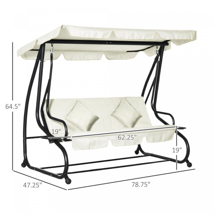 Outsunny 3-seat Outdoor Patio Swing Chair, Converting Flat Bed, Canopy Swing With Adjustable Shade, Removable Cushions, Cup Holder, Cream White