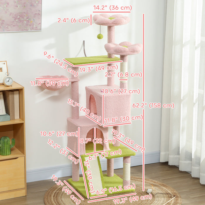 PawHut 62\" Flower Cat Tree, Multi-Level Large Cat Tower with 2 Condos, 2 Beds, Hammock, Sisal Scratching Posts & Pad, Plush Perch, Platforms, for Indoor Kittens, Pink