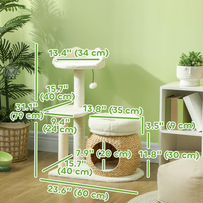 Pawhut 31\" Cat Tree, Cat Tower With Sisal Scratching Posts, Cat Condo, Cat Beds, Platform, Toy Ball, Cat Activity Center For Indoor Cats, Cream White
