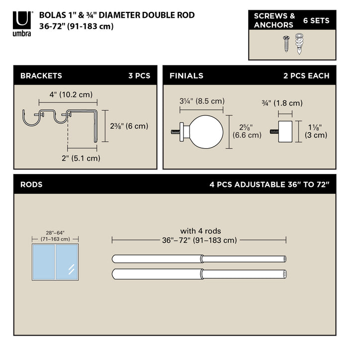 Umbra Bolas Nickel Expandable Double 1\" and 3/4\" Curtain Rod - 36\"-72\" 