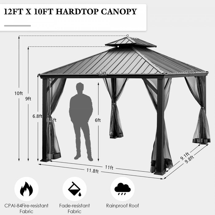 Costway 12ft X 10ft Hardtop Gazebo 2-tier Outdoor Galvanized Steel Canopy Grey