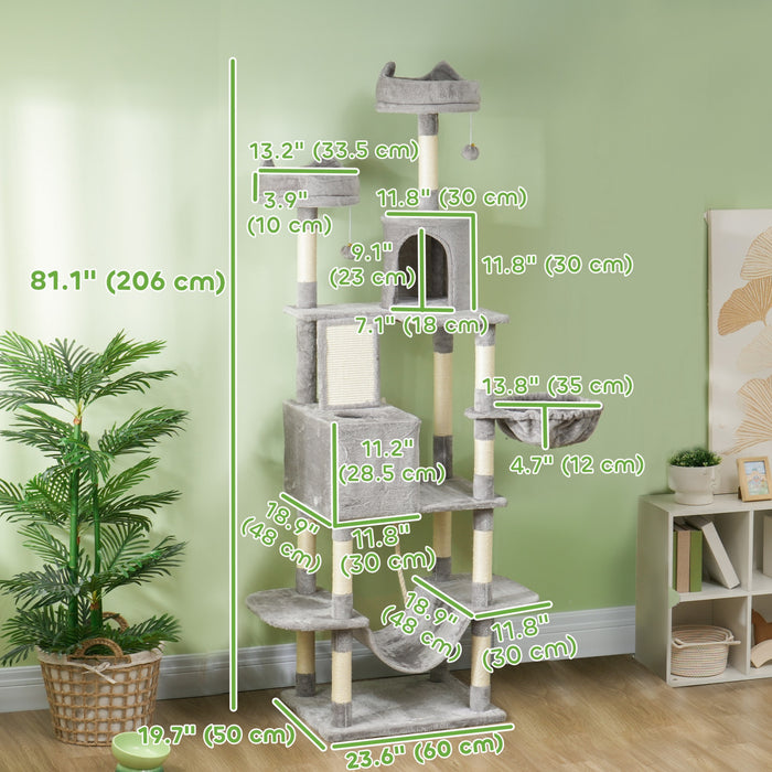 Pawhut Cat Tower, 81\" Cat Tree For Large Cats Adult W/ Scratching Posts, Scratching Board, Cat Condos, Cat Beds, Hammocks, Jumping Platforms, Toy Balls, Rope Cat Toy, Light Grey