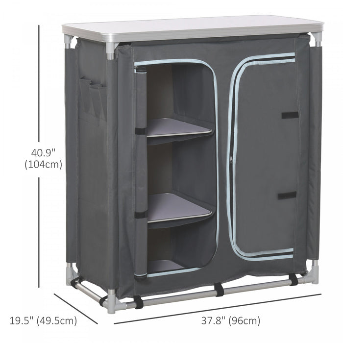 Outsunny Camping Kitchen Station, Aluminum Camping Table Cook Cupboard with 3-Shelf and Carrying Bag for BBQ Party Picnics Backyards