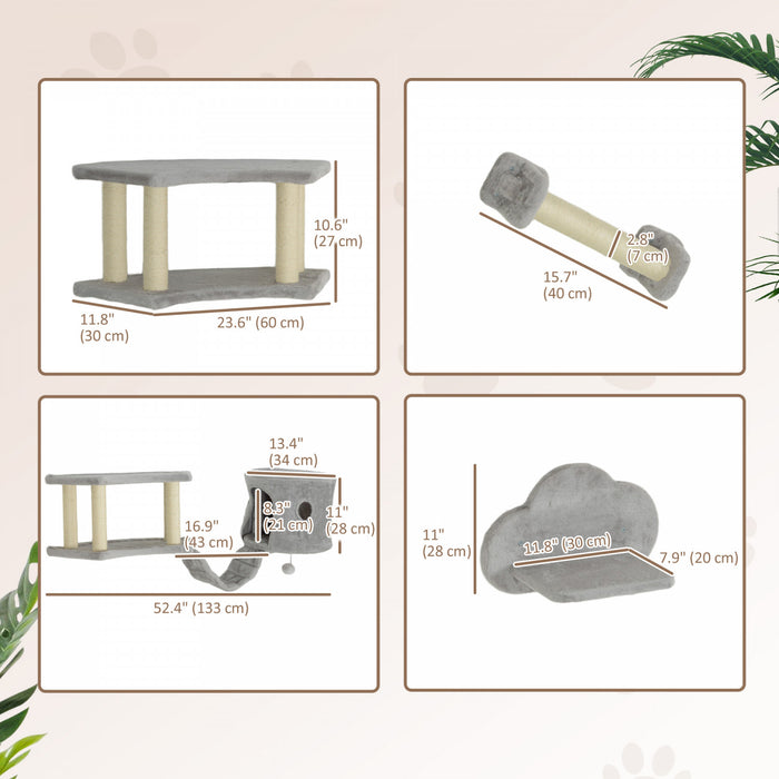 Pawhut Cat Wall Shelves, 4pcs Cat Shelves With Scratching Post, Jumping Platforms, Ladder, Condo, Ceiling Wall Mounted Cat Climber, Light Grey