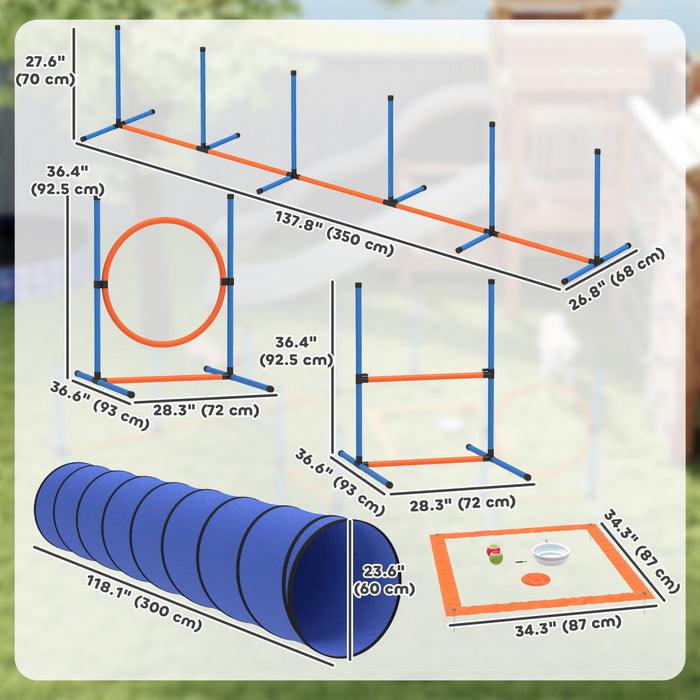 PawHut Dog Agility Training Equipment, 8PCS Dog Obstacle Course Starter Kit with Tunnel, Weave Poles, Adjustable Hurdles, Jump Ring, Pause Box, Bowl, Toys and Carrying Bag
