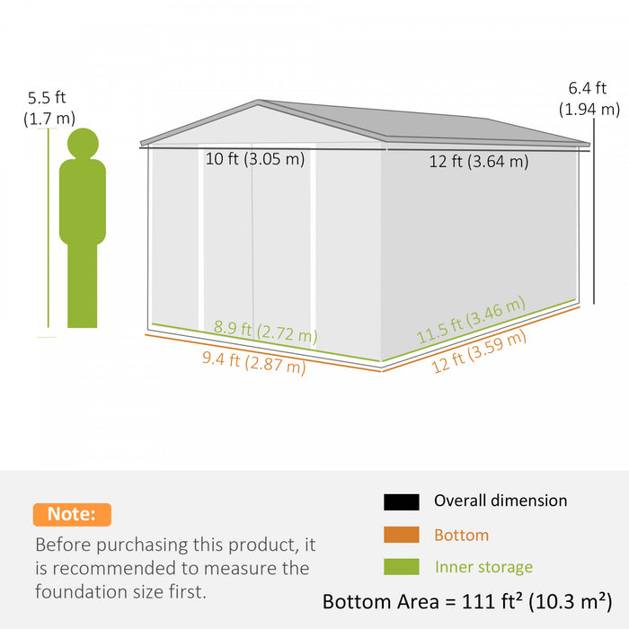Outsunny 12' x 10' Metal Shed, Heavy Duty Outdoor Storage Shed, Dark Grey