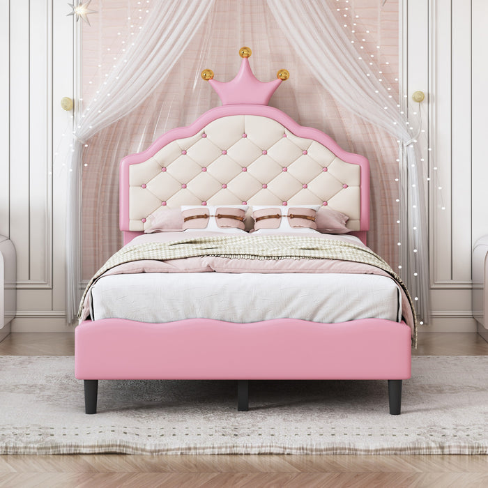 Lily Lovely Crown Fantasy Princess Bed with Tufted PU Leather Headboard,Twin Size Twin Bed