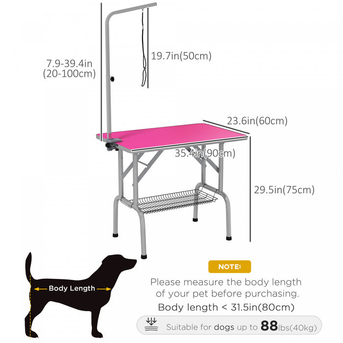 Pawhut Dog Grooming Table With Adjustable Grooming Arm, Pet Grooming Table For Dogs With Storage Shelf, Foldable Design Stainless Steel For All Sizes Dogs Cats, Pink