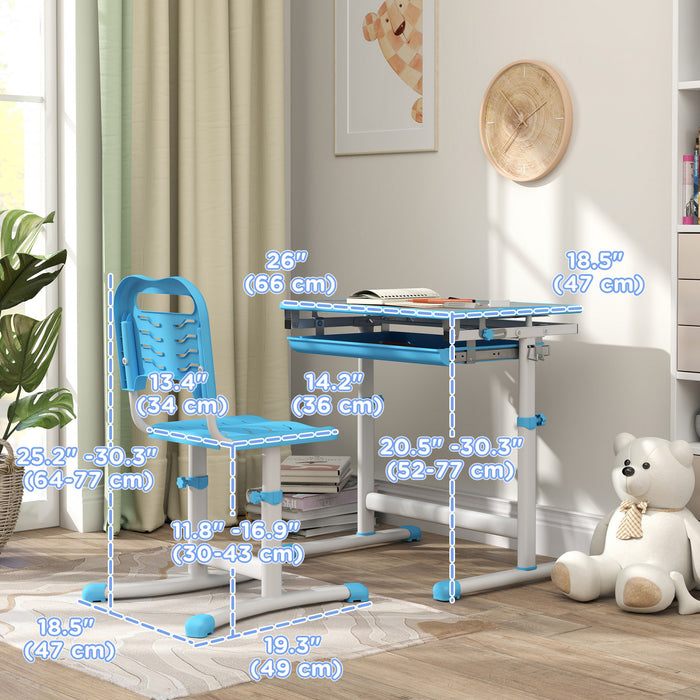 Qaba Kids Desk And Chair Set, Height Adjustable Study Table And Chair Set With Drawer, Pen Slot, Tiltable Desktop, Hook, Blue