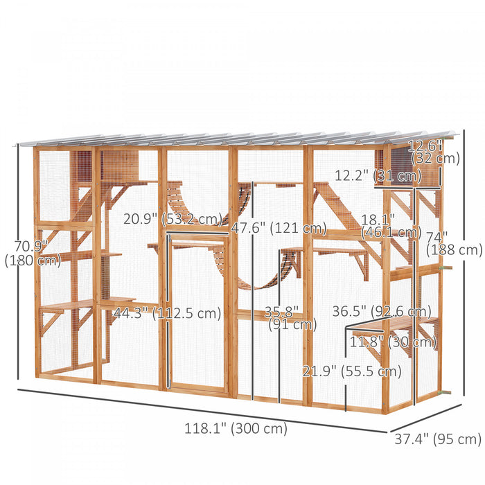 Pawhut Catio, Large Outdoor Cat Enclosure With Cat Condos, Platforms, Ladders, Doors, Weather-resistant Roof, Wooden Cat Cage For 1-4 Cats, Orange