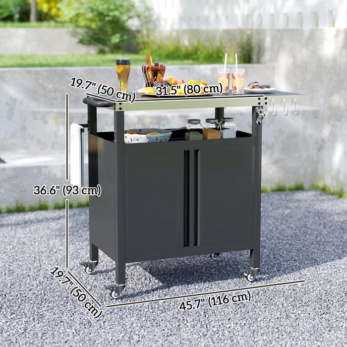 Outsunny Outdoor Grill Cart Table with Foldable Side Table, BBQ Grill Stand with Stainless Steel Top & Hooks, Mobile Pizza Oven Stand, 45.7\" x 19.7\", Black