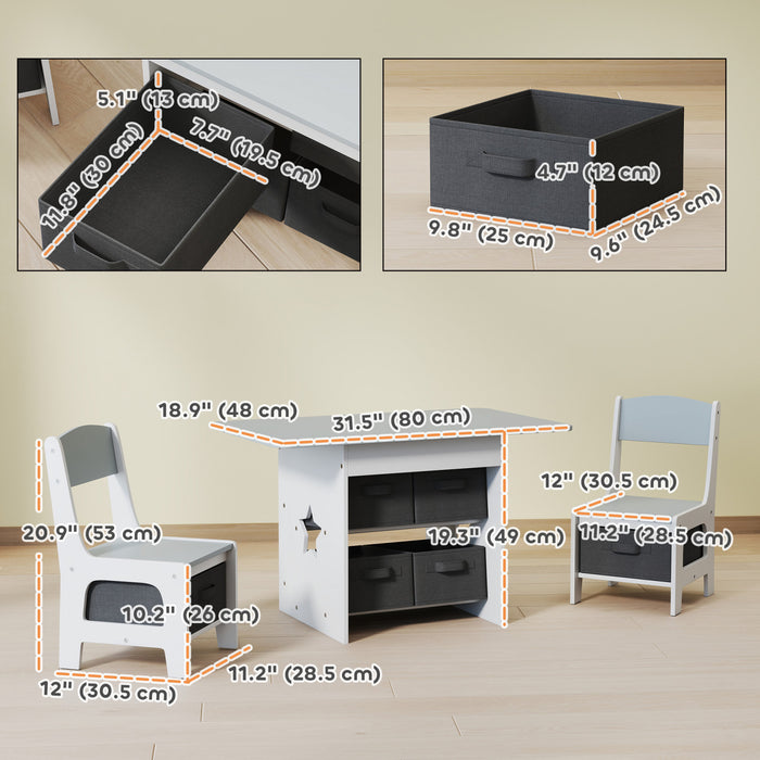 Qaba 3 Piece Kids Table and Chair Set, Toddler Table and Chairs Set with 6 Removable Drawers, for Ages 3-8, for Classroom, Living Room, Bedroom, Nursery, Playroom, Light Grey