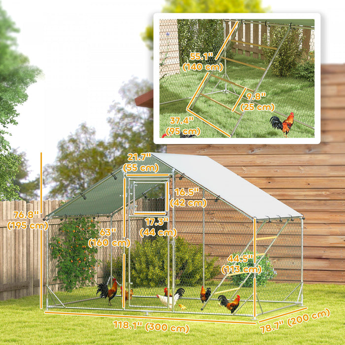 Pawhut Chicken Run, Large Metal Chicken Coop With Feeding Door, Waterproof & Uv-resistant Cover, Hanging Feeder, Perch, Poultry Cage For Outdoor, Backyard, Farm, For 6-8 Poultry