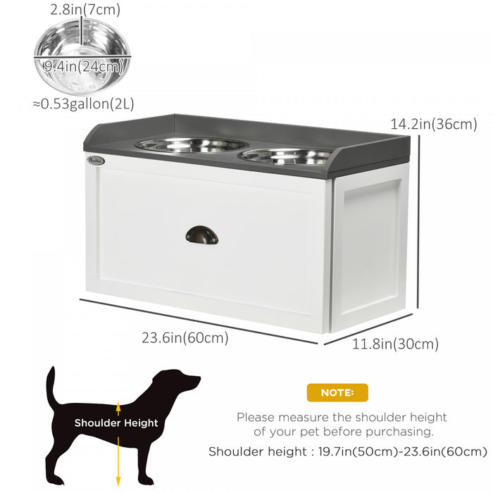 Pawhut Elevated Dog Bowls For Large Dogs, Raised Pet Feeding Station With 2 Stainless Steel Bowls, Hidden Storage Drawer, Wood Stand For Cats, White