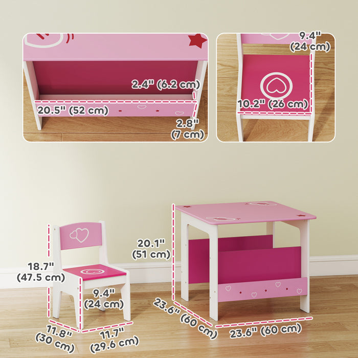 Qaba 3 Pieces Kids Table and Chair Set, Toddler Table and 2 Chairs Set with Bookshelves, Heart Themed Kids Activity Desk for Classroom, Home, Nursery, Playroom, for Read, Draw, Art