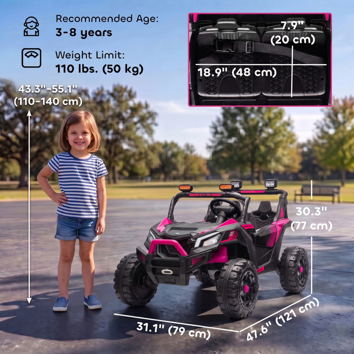 Qaba 24V 2 Seater Ride On Car for Kids, Electric Kids UTV with Dual 120W Motors, Remote Control, 4-Wheel Suspension, Soft Start, Seat Belt, Rear Storage, Music for Ages 3-8, Pink