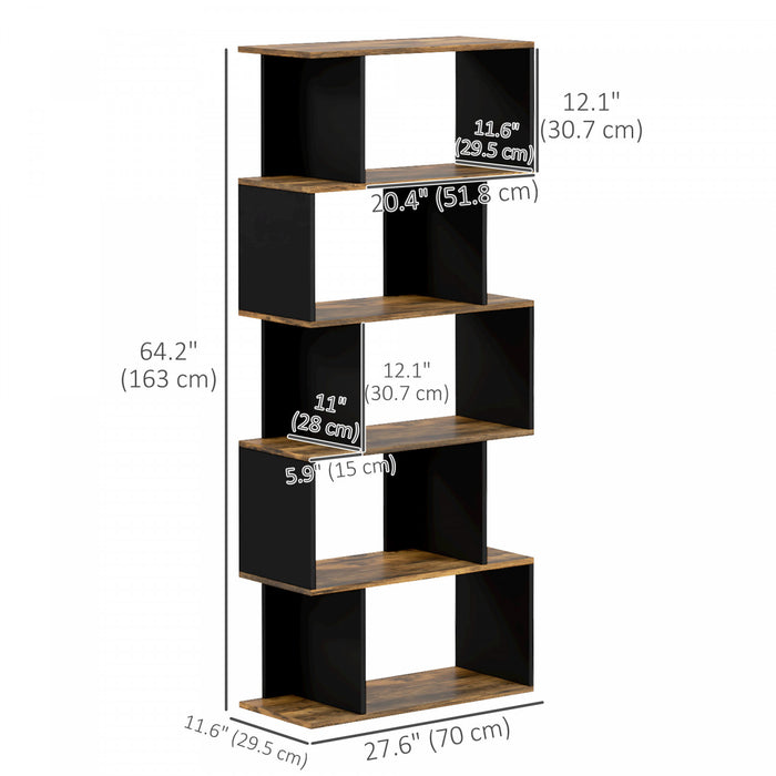 HOMCOM 5-Tier Bookshelf, Narrow S Shaped Bookcase, Rustic Brown
