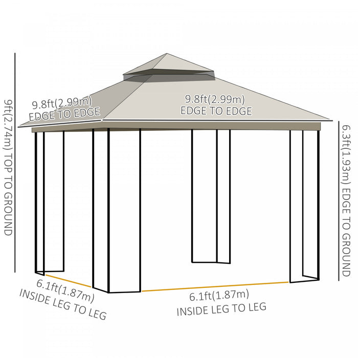 Outsunny 10' X 10' Outdoor Patio Gazebo Canopy With Double Tier Roof, Removable Mesh Curtains, Display Shelves, Top Hooks, Beige