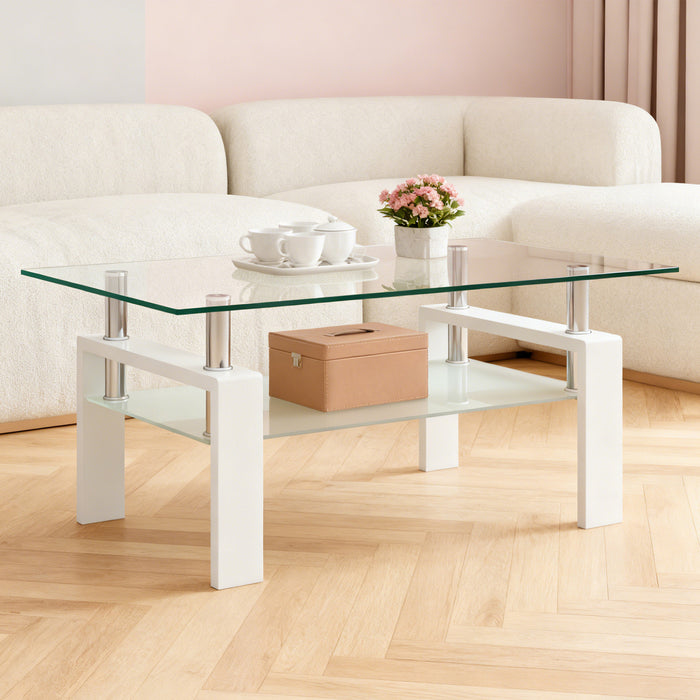 Liam Modern Rectangle Clear Tempered Glass Coffee Table,White