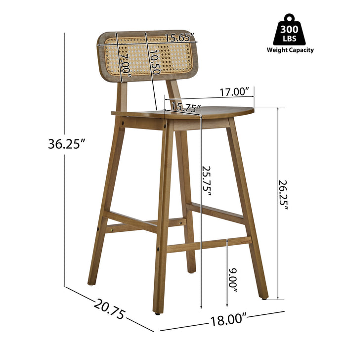 Bari Rubber Wood Counter Stool Set of 2 with Rattan Back and Footrest,Walnut