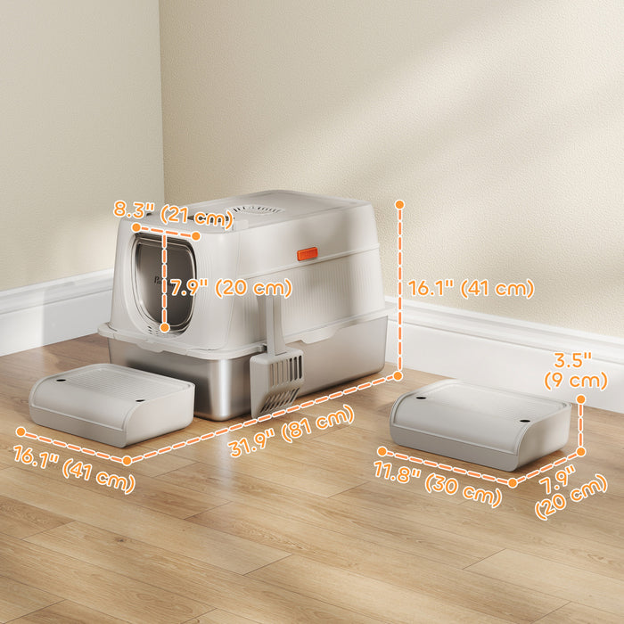 PawHut XL Stainless Steel Litter Box with Lid, Extra Large Enclosed Cat Litter Box for Big Cats with Flip Cover, Scoop, Pedal, Deodorizer, Leak-Proof, Odor-Resistant, Easy Cleaning