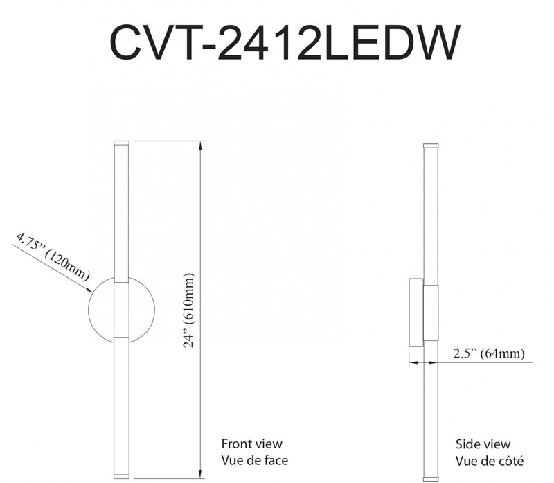 Dainolite Corvette 12w Wall Sconce Matte Black White Acrylic Diffuser Lamp