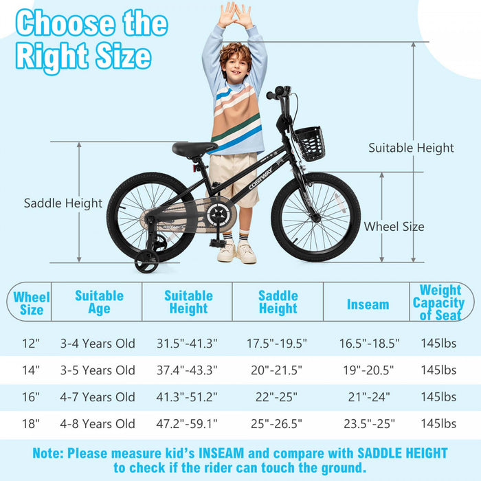 Costway 16\" Kid's Bike With Training Wheels Adjustable Handlebar & Seat Handbrake Black