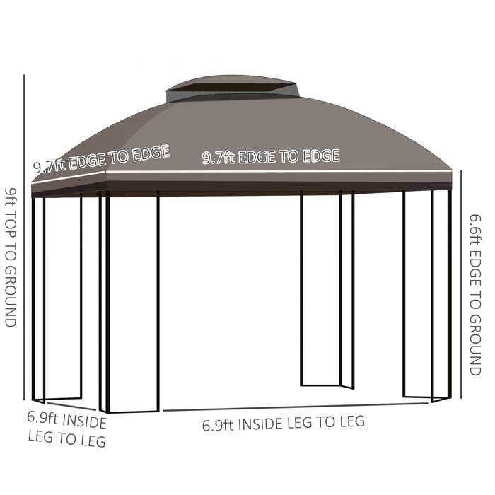 Outsunny 10' X 10' Outdoor Patio Gazebo Canopy With Double Tier Roof, Removable Mesh Nettings, Display Shelves, Brown