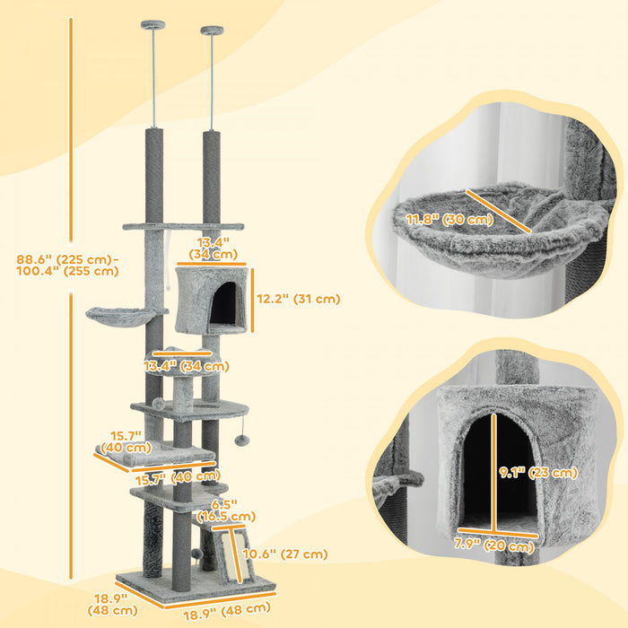 Pawhut Cat Tower For Large Cats Floor To Ceiling Cat Tree For Indoor Cats Adjustable Height 89\" -100\" Multi Levels Cat Climbing Tower With Scratching Posts, Cozy Condo, Ramp