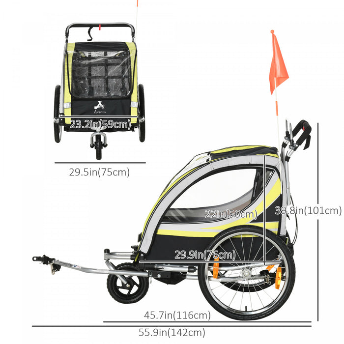 Aosom 2-in-1 Bike Trailer For Kids 2 Seater, Baby Stroller With Brake, Storage Bag, Safety Flag, Reflectors & 5 Point Harness, Yellow