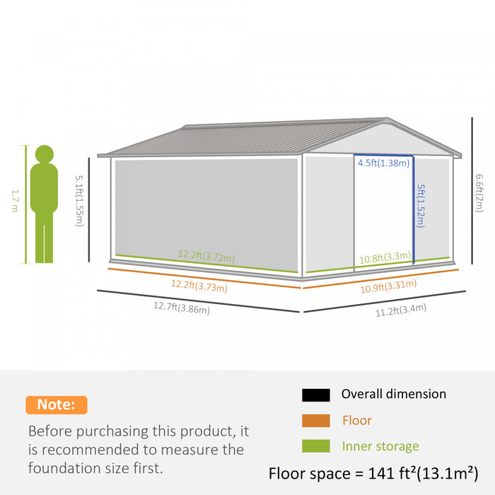 Outsunny 11' X 13' Garden Storage Shed With Double Sliding Door And 4 Ventilation Slots, Garden Tool House For Backyard, Patio, Lawn, Light Grey