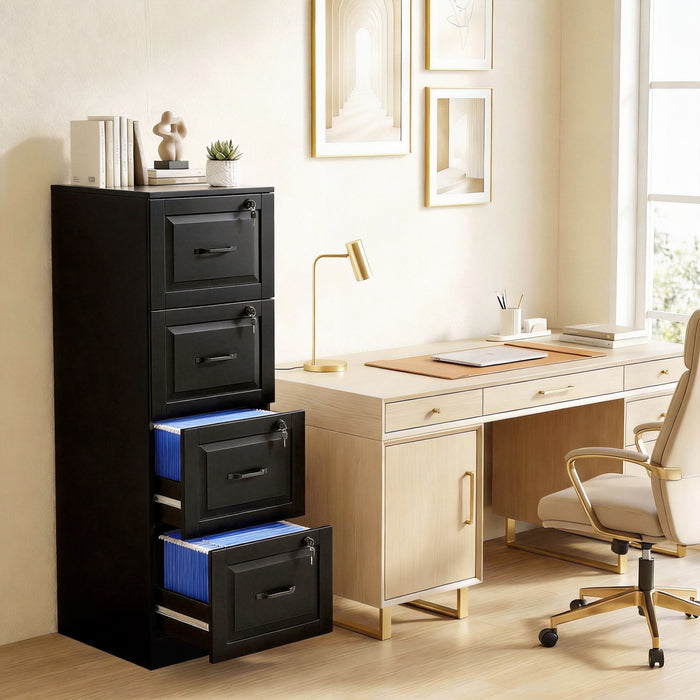 HOMCOM 4 Drawer File Cabinet with Lock, Vertical Filing Cabinet, Black
