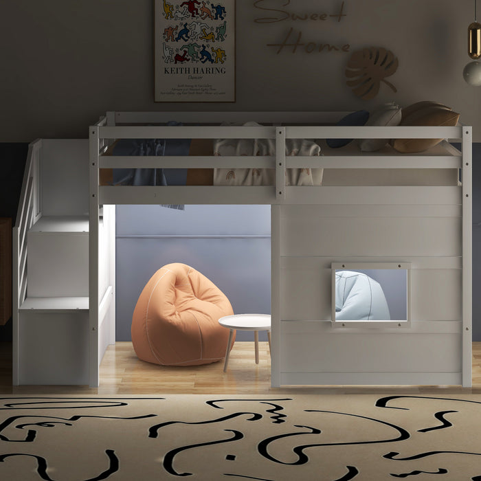 Martin Twin Solid Wood Loft Bed With Storage Stairs, Play Window, Led Light, White