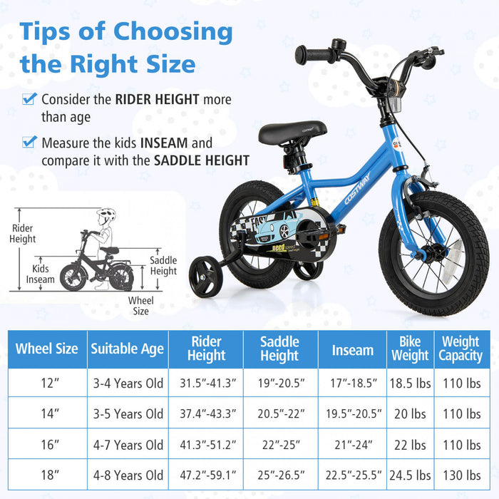 Costway 12\" Kids Training Bike With Removable Training Wheels Pneumatic Tires Navy