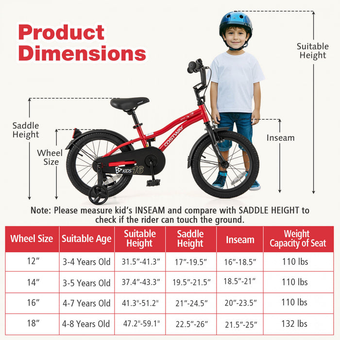 Costway 16\" Kids Bike For 4-7 Years Old Boys & Girls With Adjustable Seat Handbrake Reflectors Red