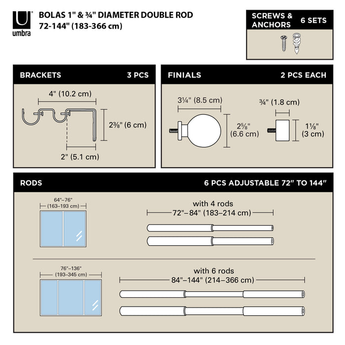 Umbra Bolas Nickel Expandable Double 1\" and 3/4\" Curtain Rod - 72\"-144\" 