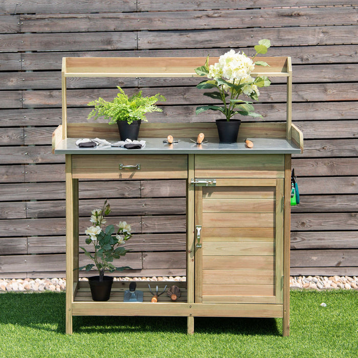 Costway Outdoor Potting Bench Garden Wooden Work Station Metal Tabletop Cabinet