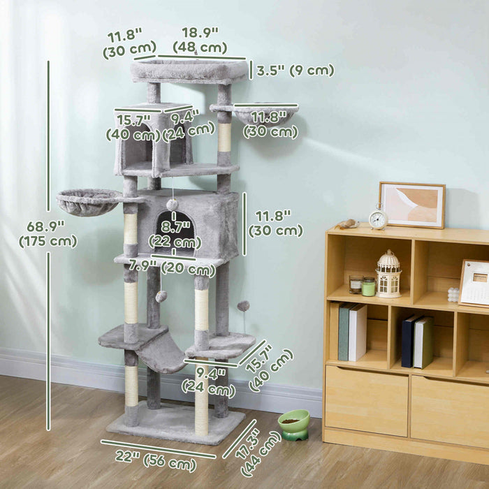 PawHut Cat Tree, 69\" Cat Tower for Indoor Kittens, Multi-Level Tower with 2 Condos, Scratching Posts, 2 Hammocks, Perches, Pompoms for Multiple Kitties, Light Grey