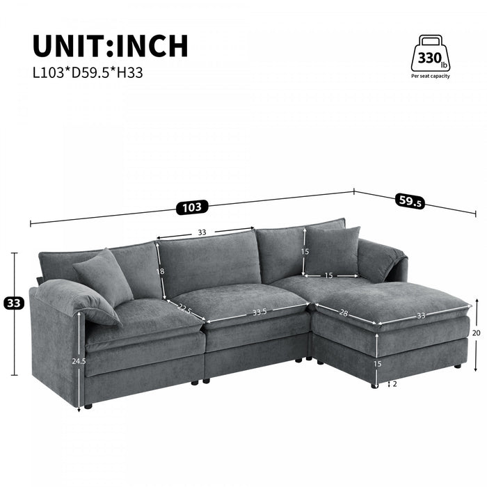 Nimbus 103 Inch Chenille Modular Sectional Sofa with Ottoman and Double Cushions, Dark Gray